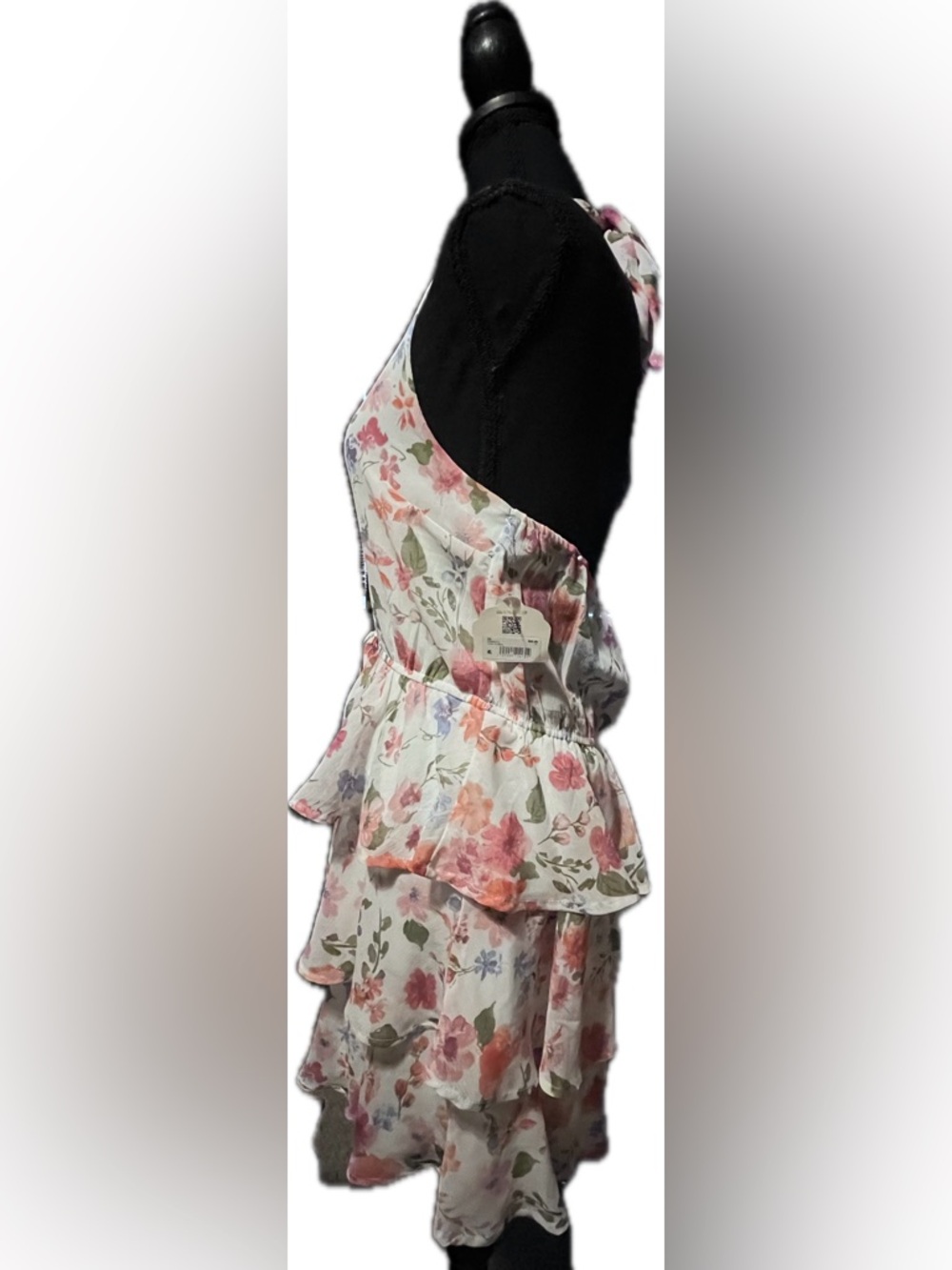 Altar'd State White Floral Tiered Ruffle Dress with Pink & Green Accents